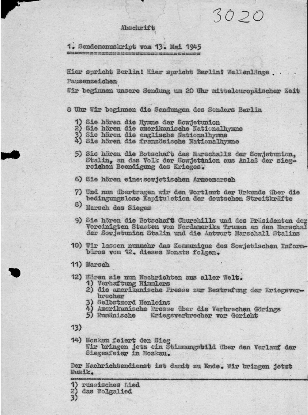 Maschinenschriftliche Abschrift des Ablaufs der Sendung vom 13.05.1945, Berliner Rundfunk | Bildquelle: DRA