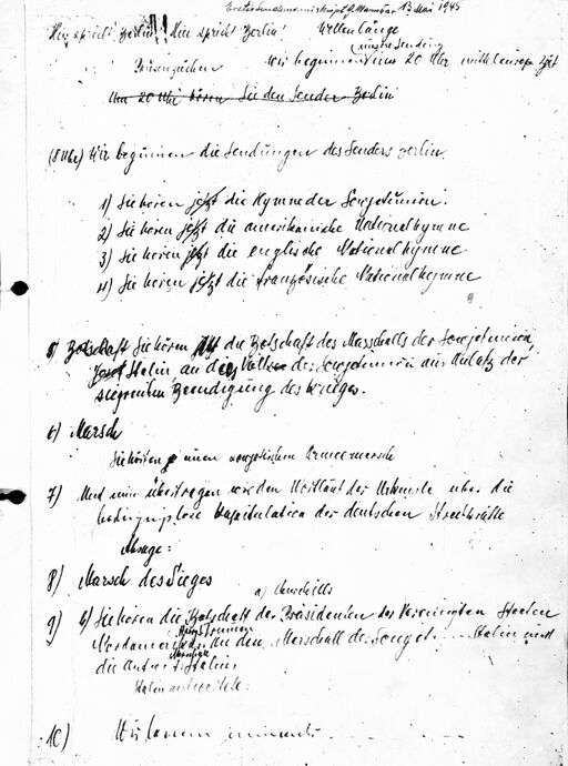 Handschriftliches Manuskript der Sendung vom 13.05.1945, Berliner Rundfunk (Seite 1) | Bildquelle: DRA